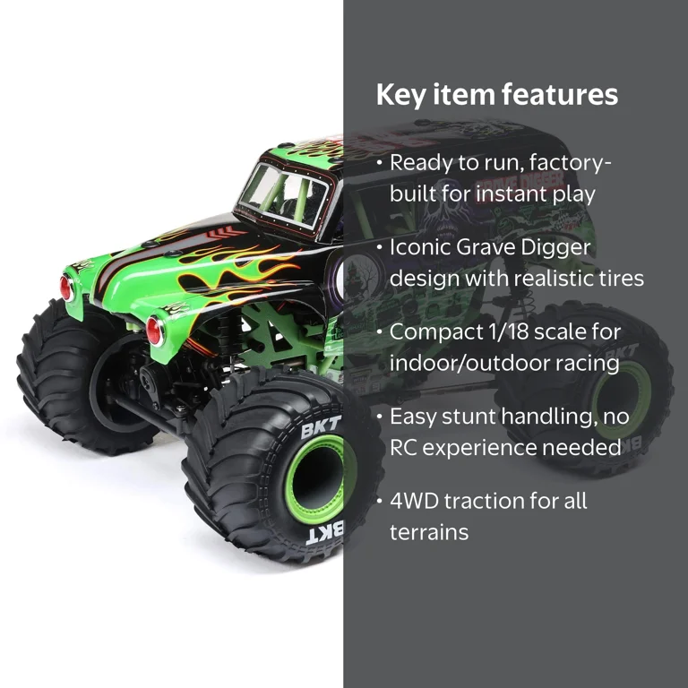 losi　ラジコン Losi, Monster Truck RC, Green, 1/18 Mini LMT 4WD Grave Digger