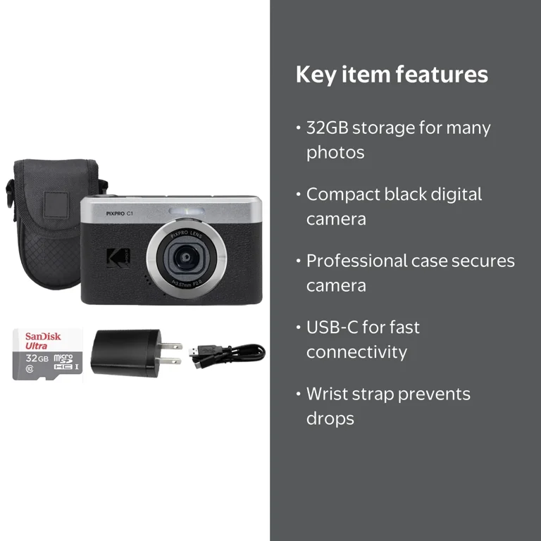 Kodak PIXPRO C1 Compact Digital Camera Black + 32GB Memory Card +