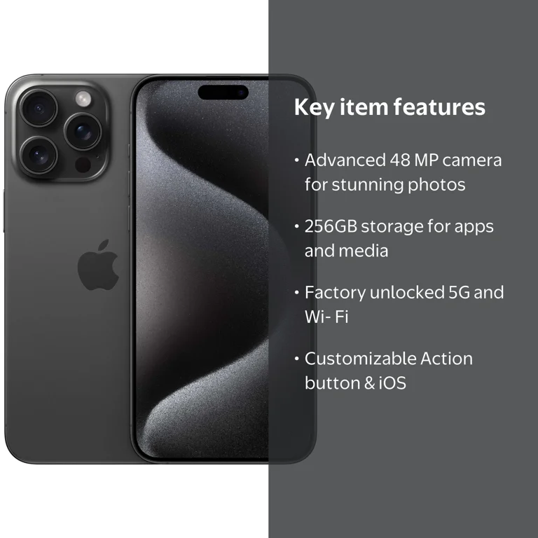 Apple iPhone 15 Pro Max, 256GB Black Titanium, Fully Unlocked