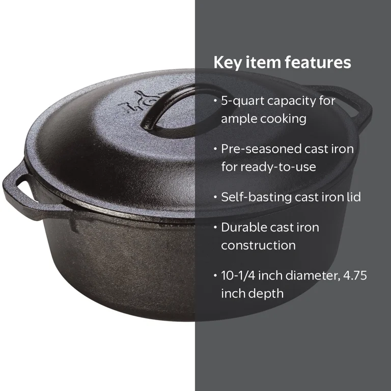 Lodge, Pre-Seasoned Cast Iron Dutch Oven, 5 Quart, Loop Handles