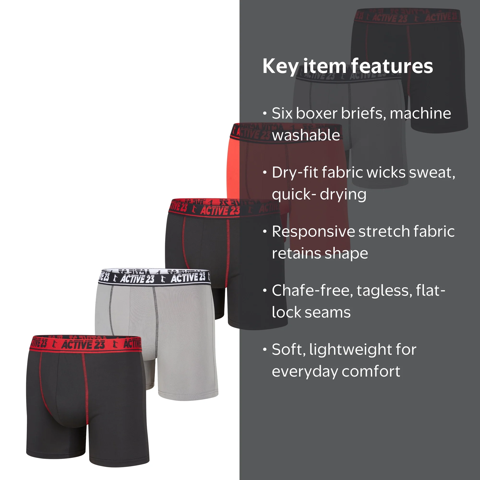 Active 23 6-Pack Dri Fit Performance Boxer Briefs for Men, Cooling