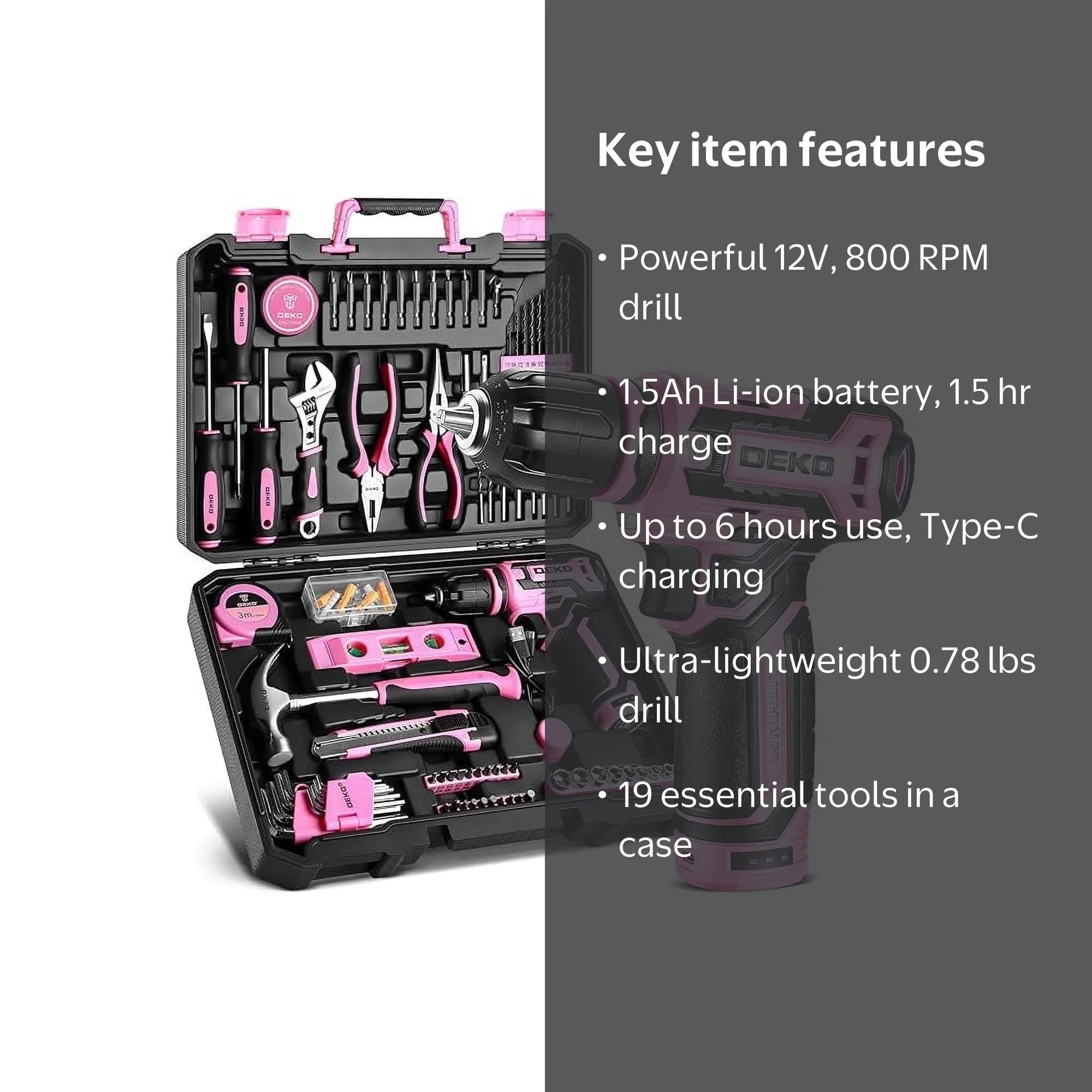 DEKOPRO Pink Tool Kit, Cordless 12V Drill with Rechargeable