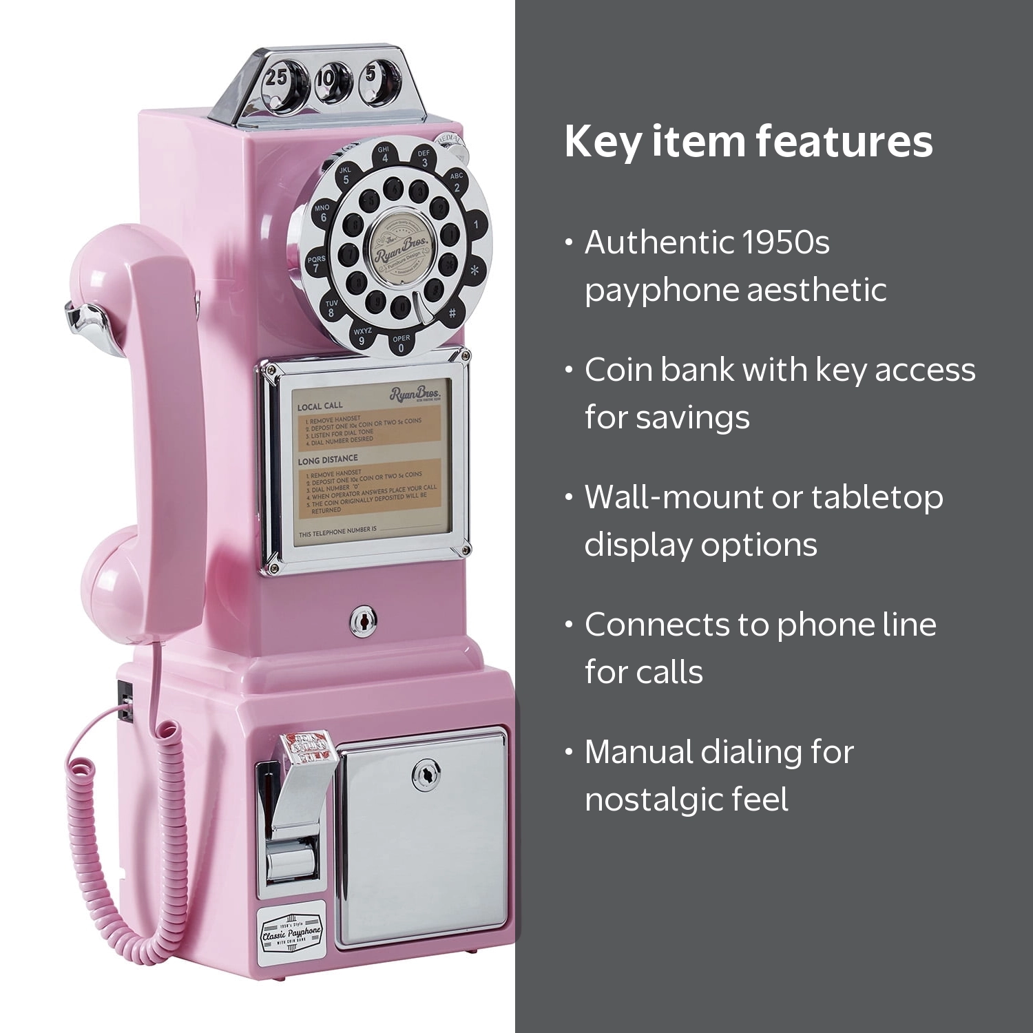 Ryan Bros 1950's Payphone, Coin Bank Wall-Mount Corded Phone, Pink
