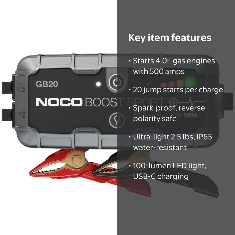 NOCO, Jump Starter, GB20, 12V 500A Portable Lithium Auto Booster