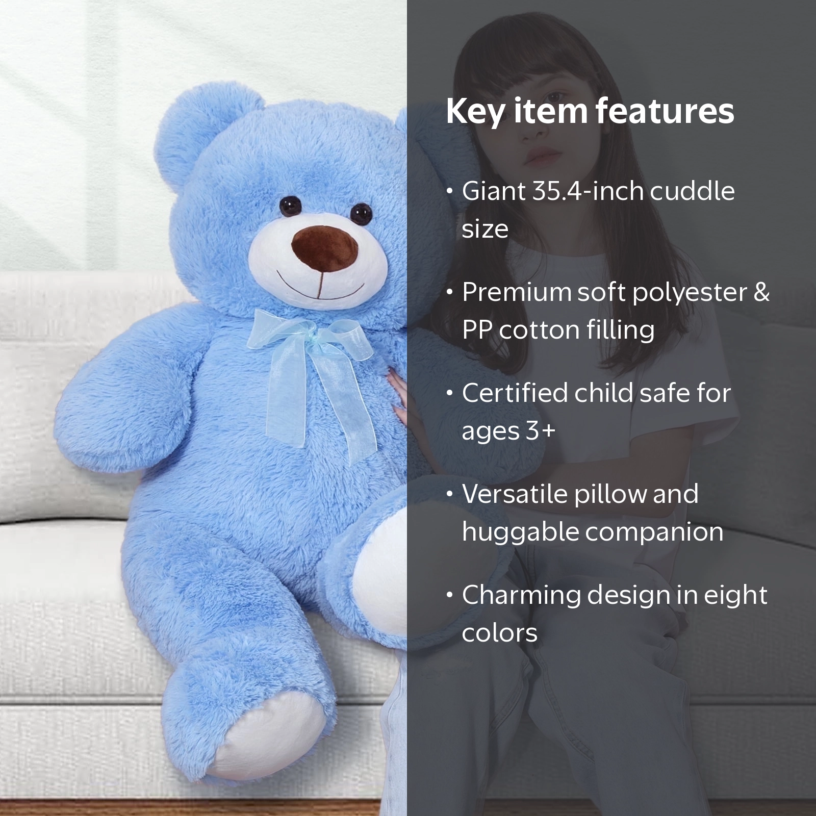 MorisMos, Giant Teddy Bear, 35.4 inches, Blue, Soft Plush Toy