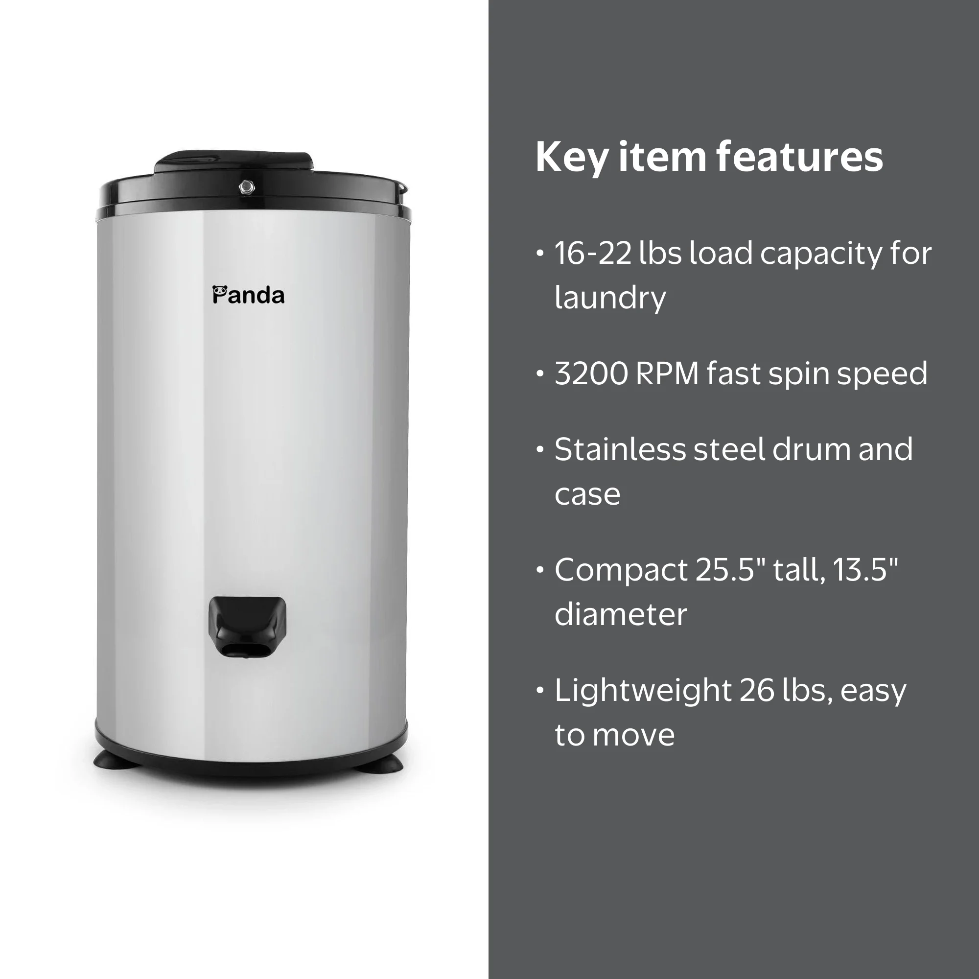 Panda 22lbs Portable Spin Dryer, Stainless Steel Drum, 3200RPM