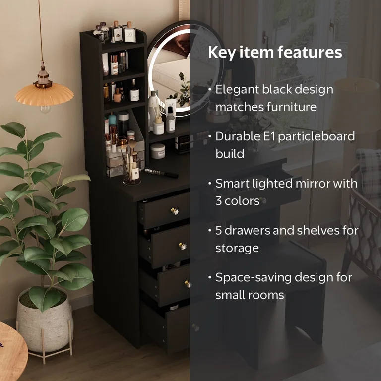 Kulagaga Vanity Table with Light Round Mirror, Makeup Drssing Desk with Drawers for Bedroom Black