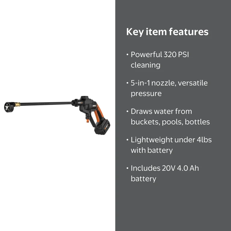 Worx WG620 20V Hydroshot Cordless Pressure Sprayer, 5-in-1 Nozzle