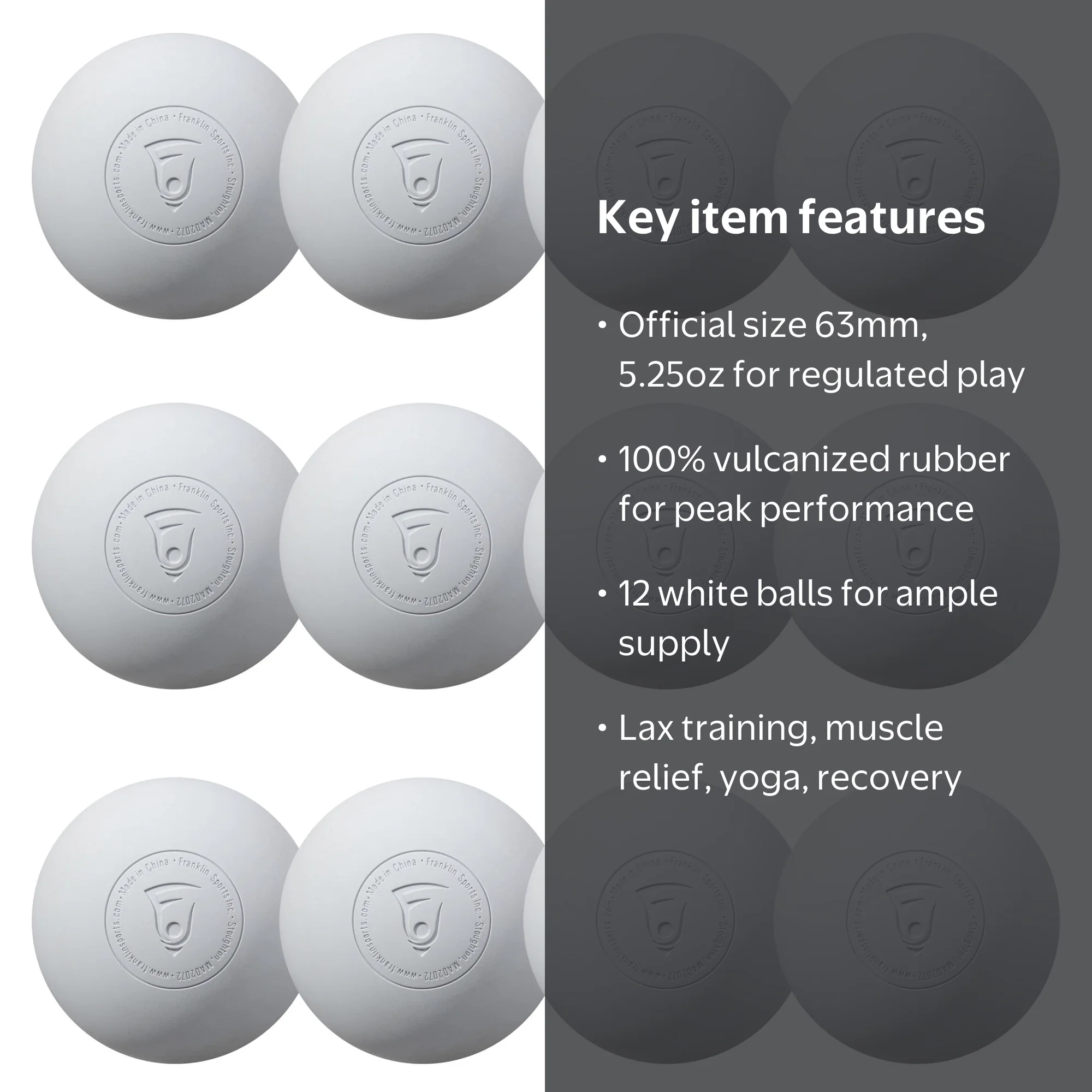 Franklin Sports Lacrosse Balls, Rubber, 63mm, White, 12pk
