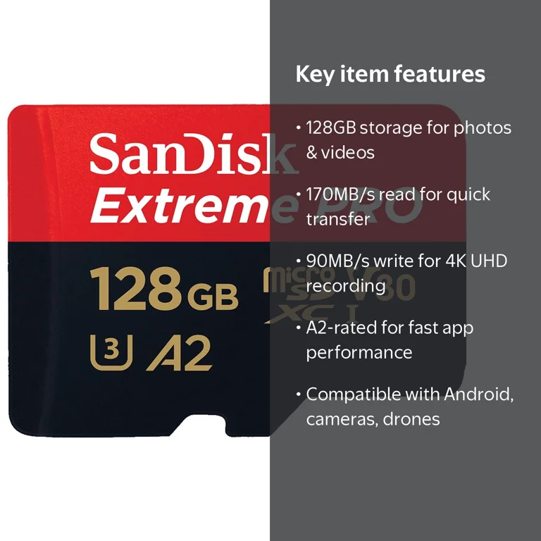 SanDisk, microSDXC Memory Card, 128GB, UHS-I Speed 4K UHD