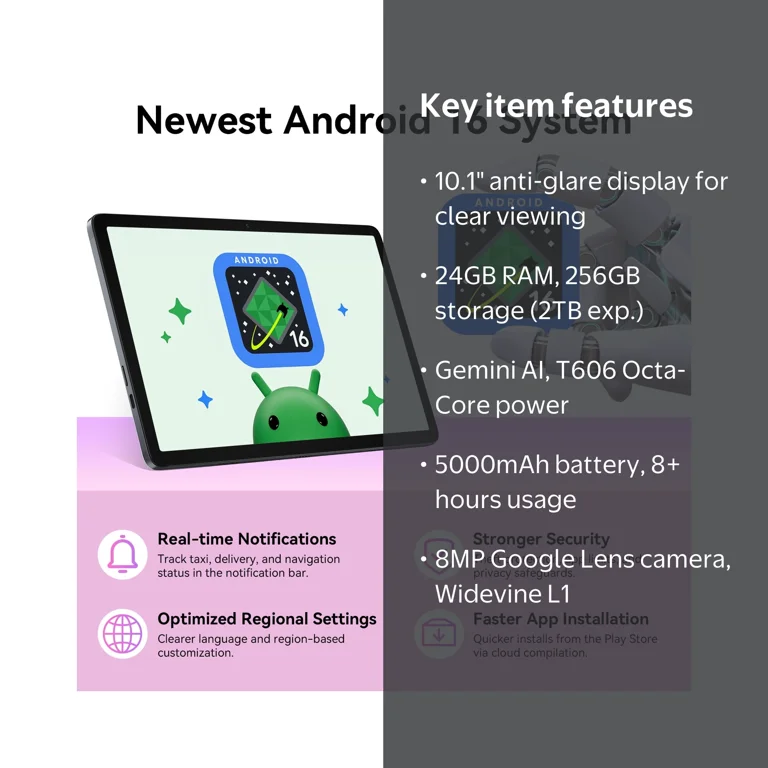 TABWEE 10.1 Inch Android Tablet, Gemini AI, 24GB RAM, 256GB ROM