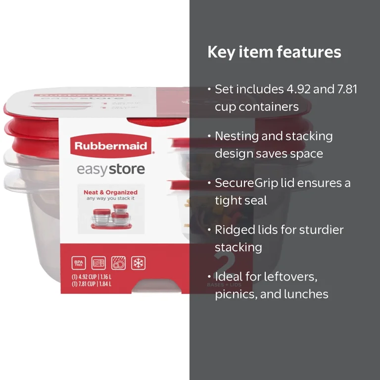 Rubbermaid 4.92- and 7.81-Cup EasyStore Square Containers, 2 Pack