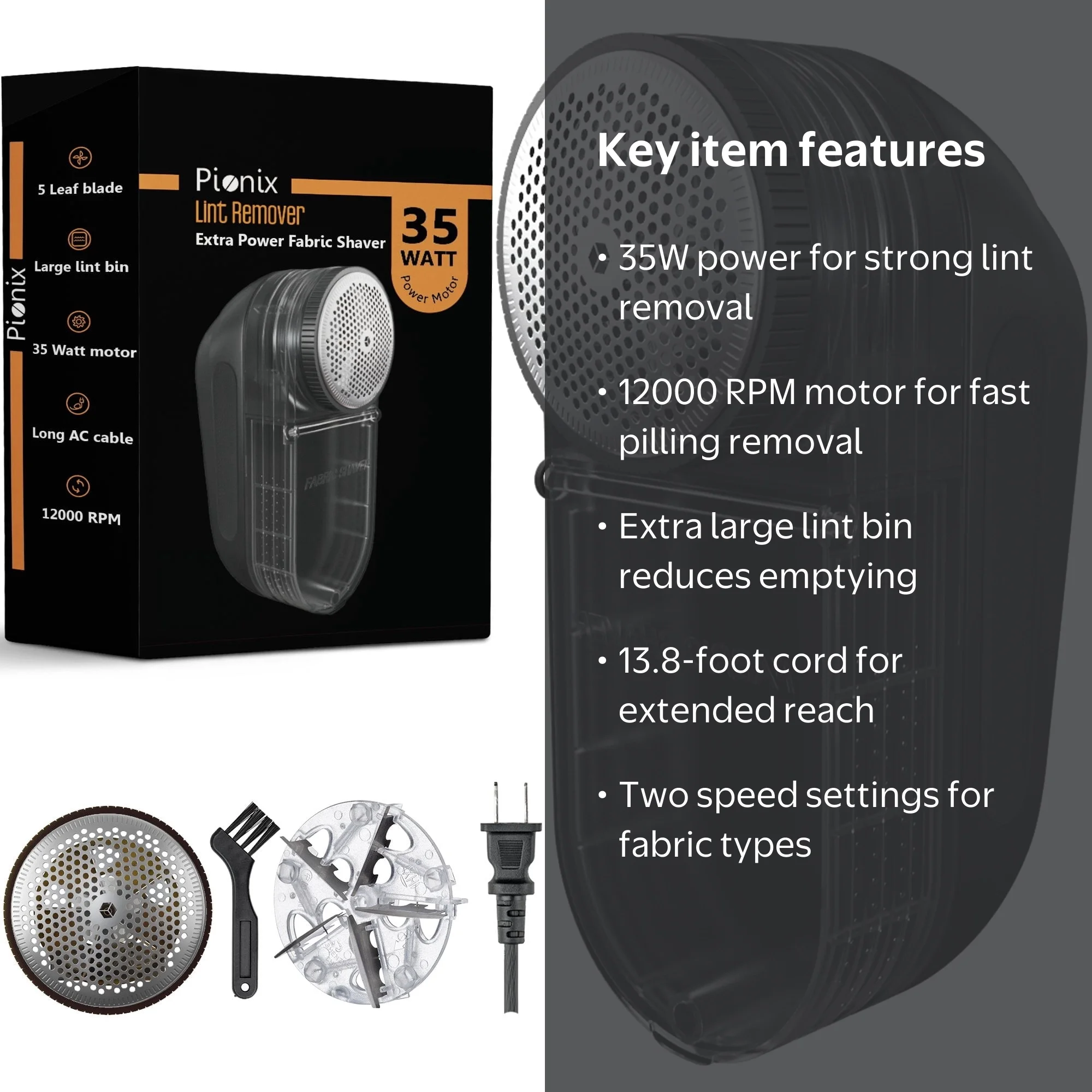 Pionix, Extra Power Fabric Shaver, 35W, 12000 RPM, Large Fuzz