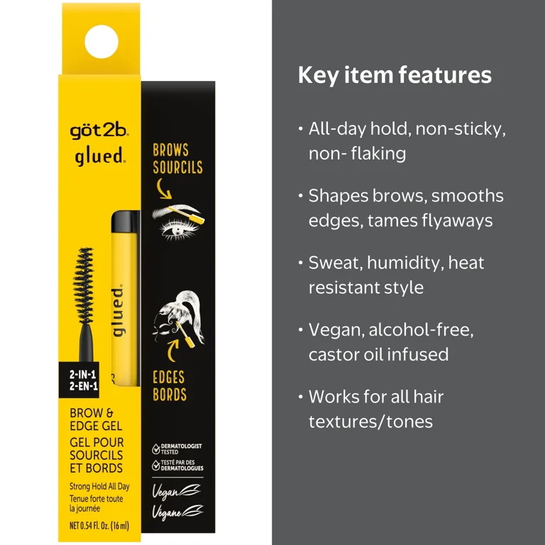 got2b, Glued 2-in-1 Brow Gel & Edge Control, 0.54 oz, Strong Hold