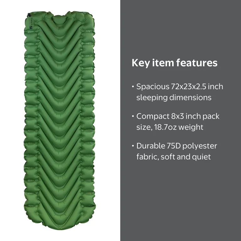 Klymit Static V Sleeping Pad 72x23x2.5 in, Durable Inflatable
