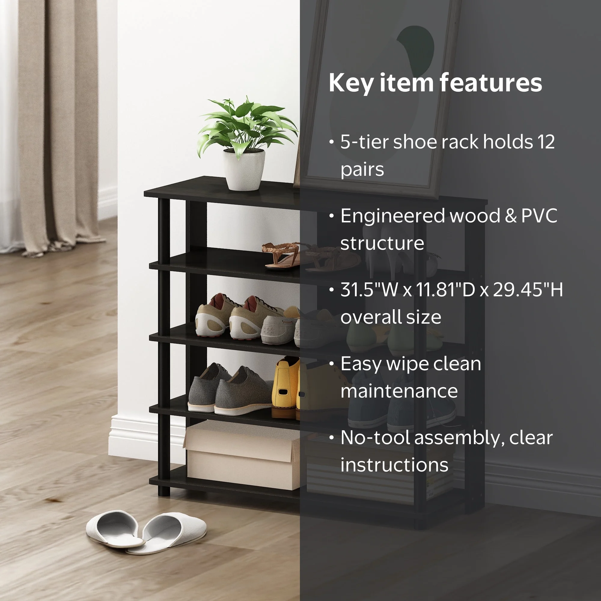 Furinno 5-Tier Turn-N-Tube Wide Shoe Rack, Wood, Brown and Black