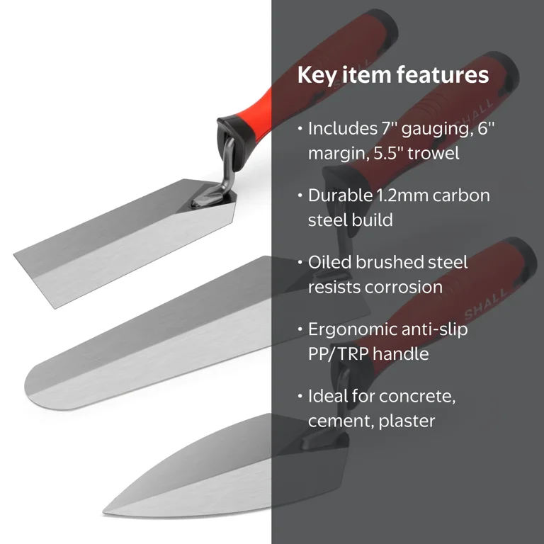 SHALL 3-Piece Masonry Trowel Set – 6" Margin, 5.5" Pointing, 7" Gauging Trowel – Carbon Steel With Soft Grip Handles
