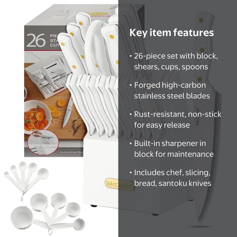 McCook, Kitchen Knife Set, 26pcs, White with Built-in Sharpener