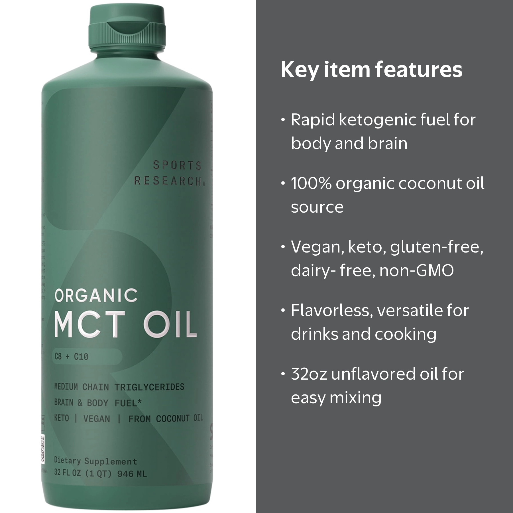 Sports Research, Organic Coconut MCT Oil, 32oz, Unflavored