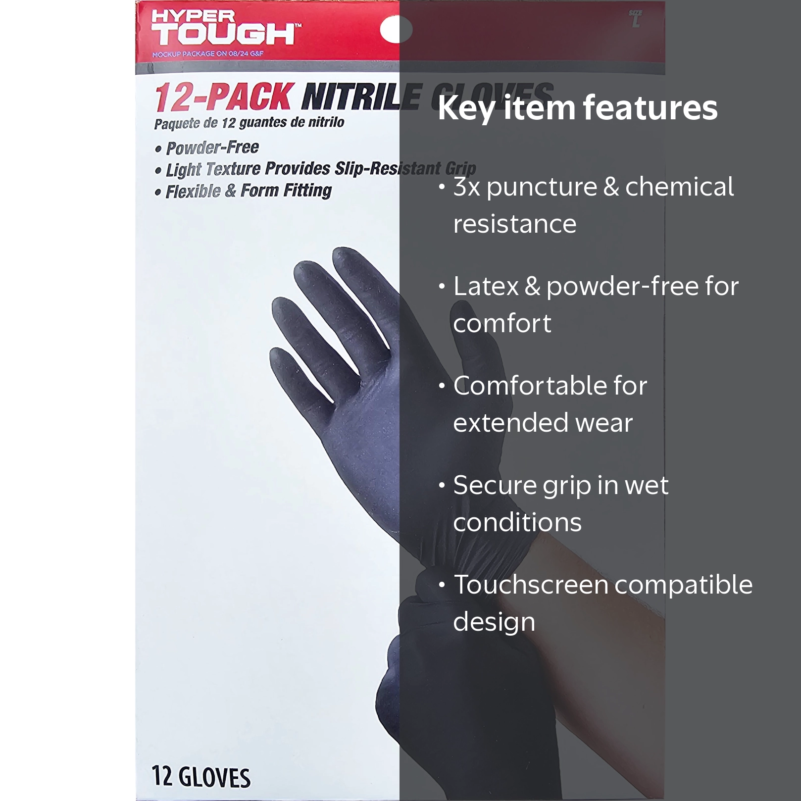 Hyper Tough Disposable Nitrile Gloves Large Size, 12 Pack