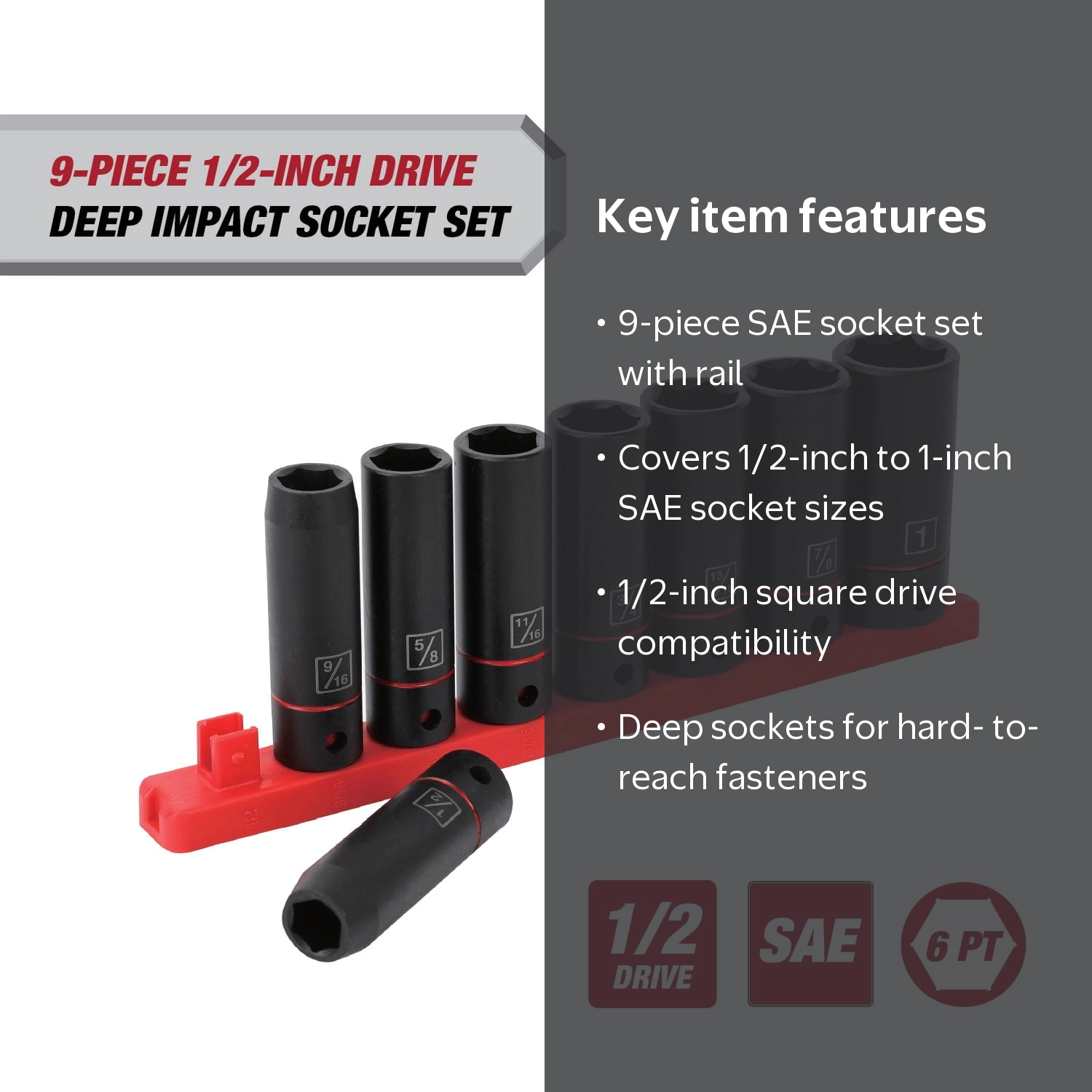 Hyper Tough 1/2-inch Drive Deep Impact Socket Set, SAE, 9-Piece