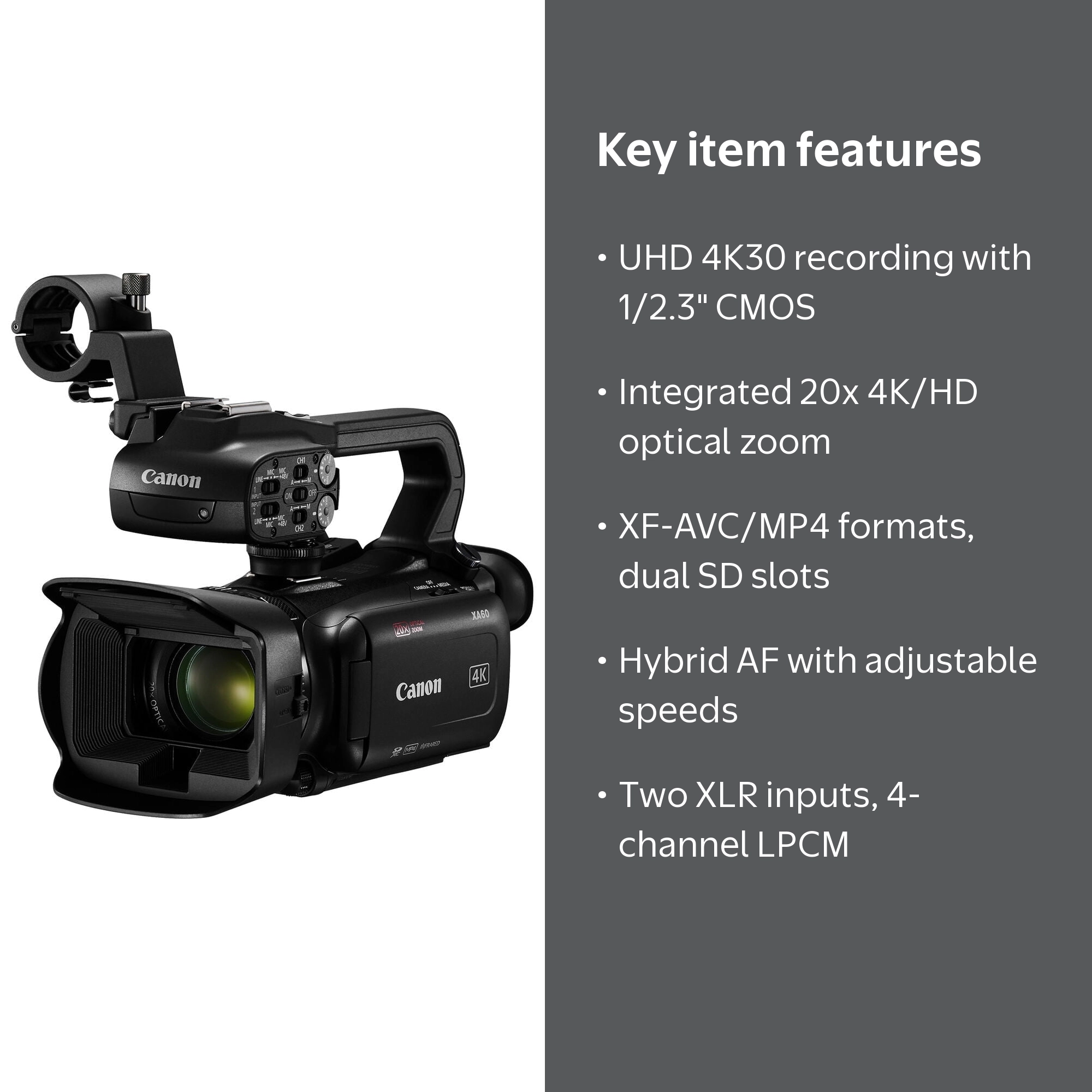 Canon XA60 Professional UHD 4K Camcorder PAL 5733C002, 20x zoom