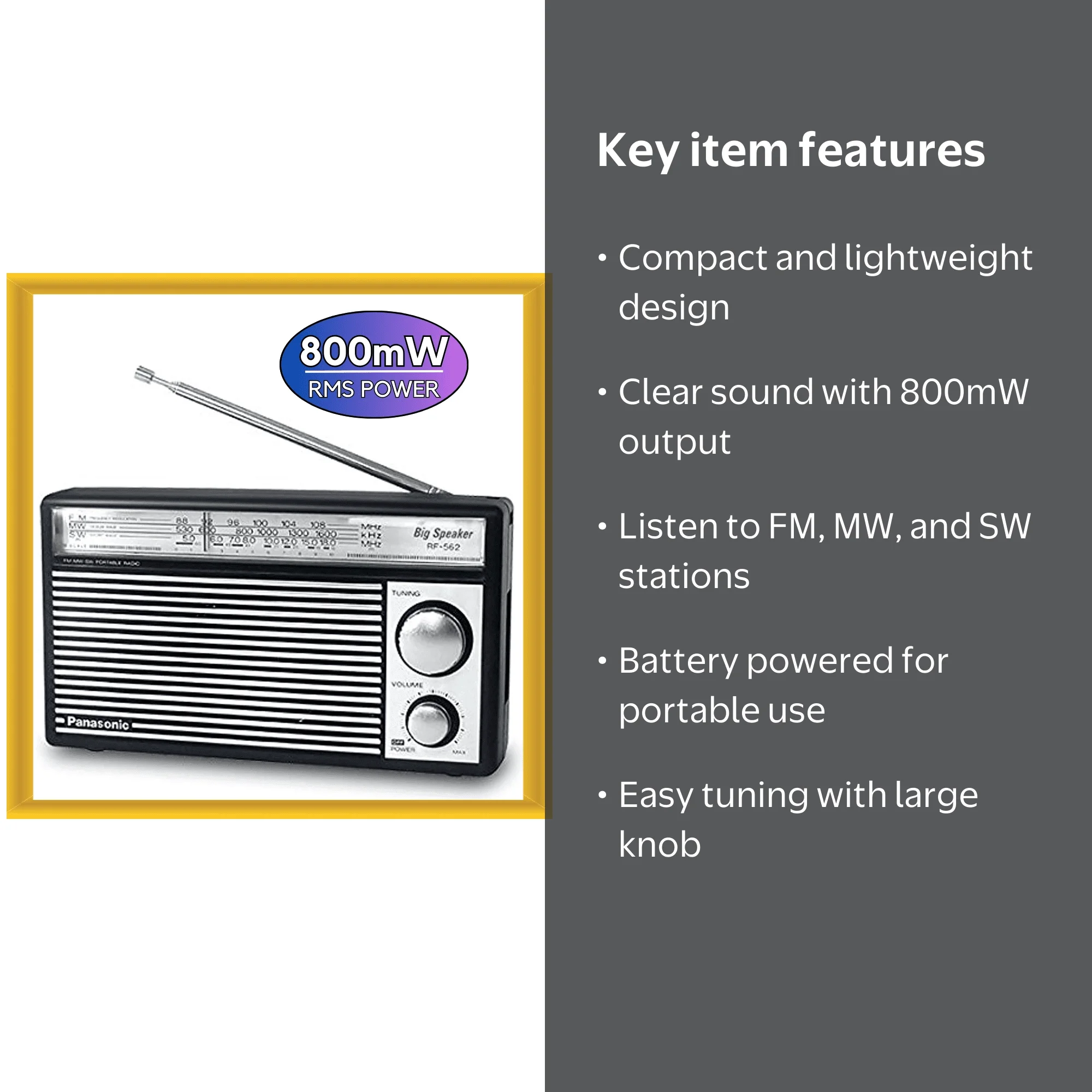 Panasonic RF-562D Powered AM/FM/SW Shortwave Transistor Battery