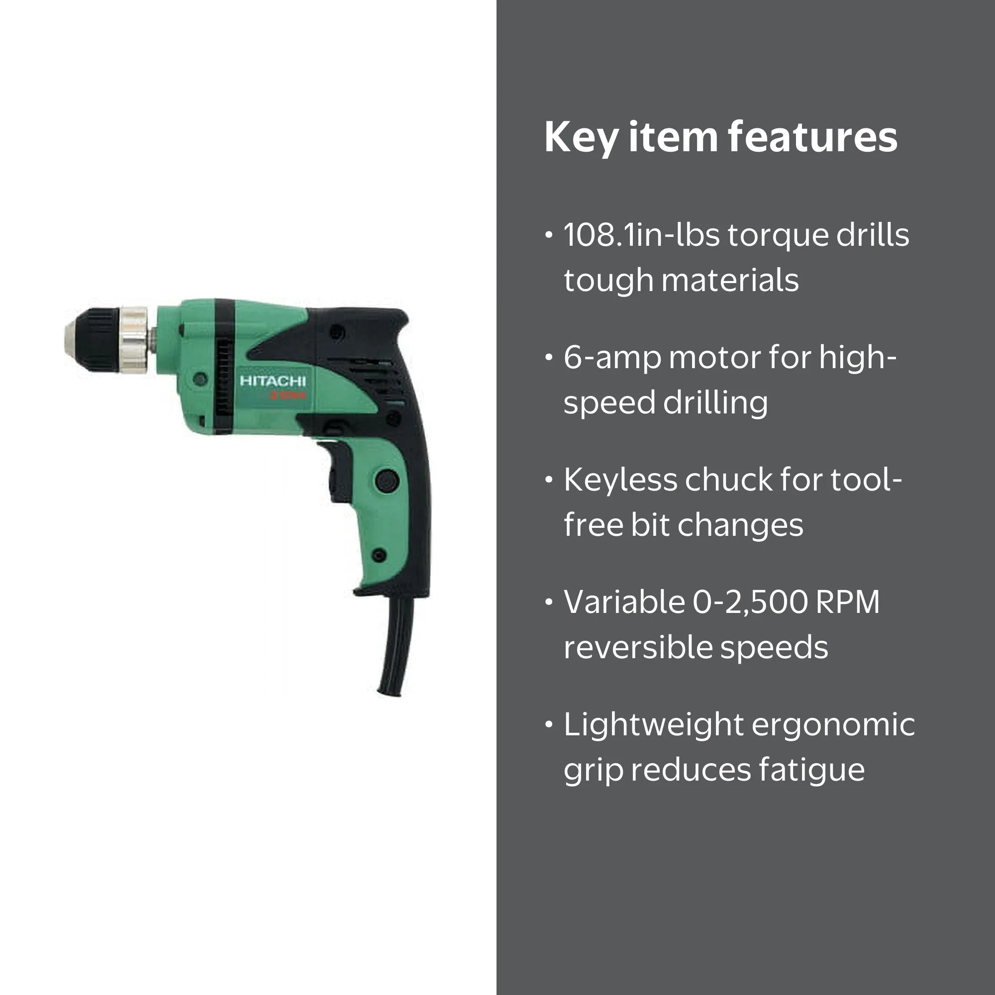 Hitachi D10VH 6.0-Amp 3/8 in. Corded Variable Speed Drill