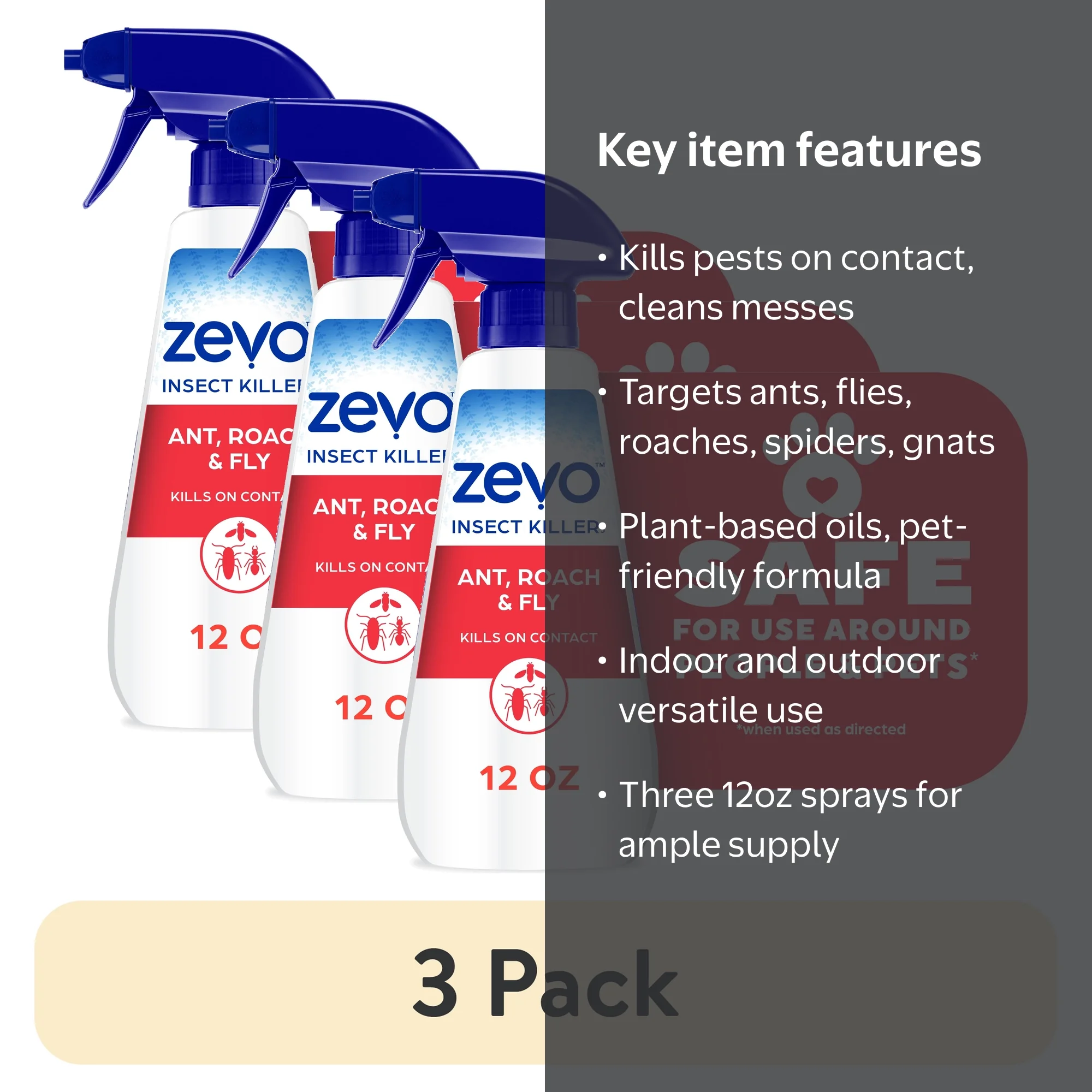 3 pack) Zevo Roach Killer & Multi Insect Spray for Ants, Flies