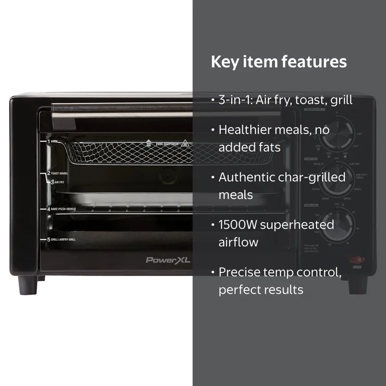 PowerXL 1500W Air Fryer, Toaster & Grill Combo, 8 Functions, Black