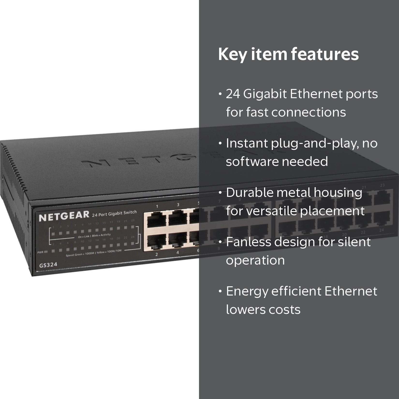 NETGEAR GS324, 24 Gigabit Ports, Unmanaged Ethernet Switch