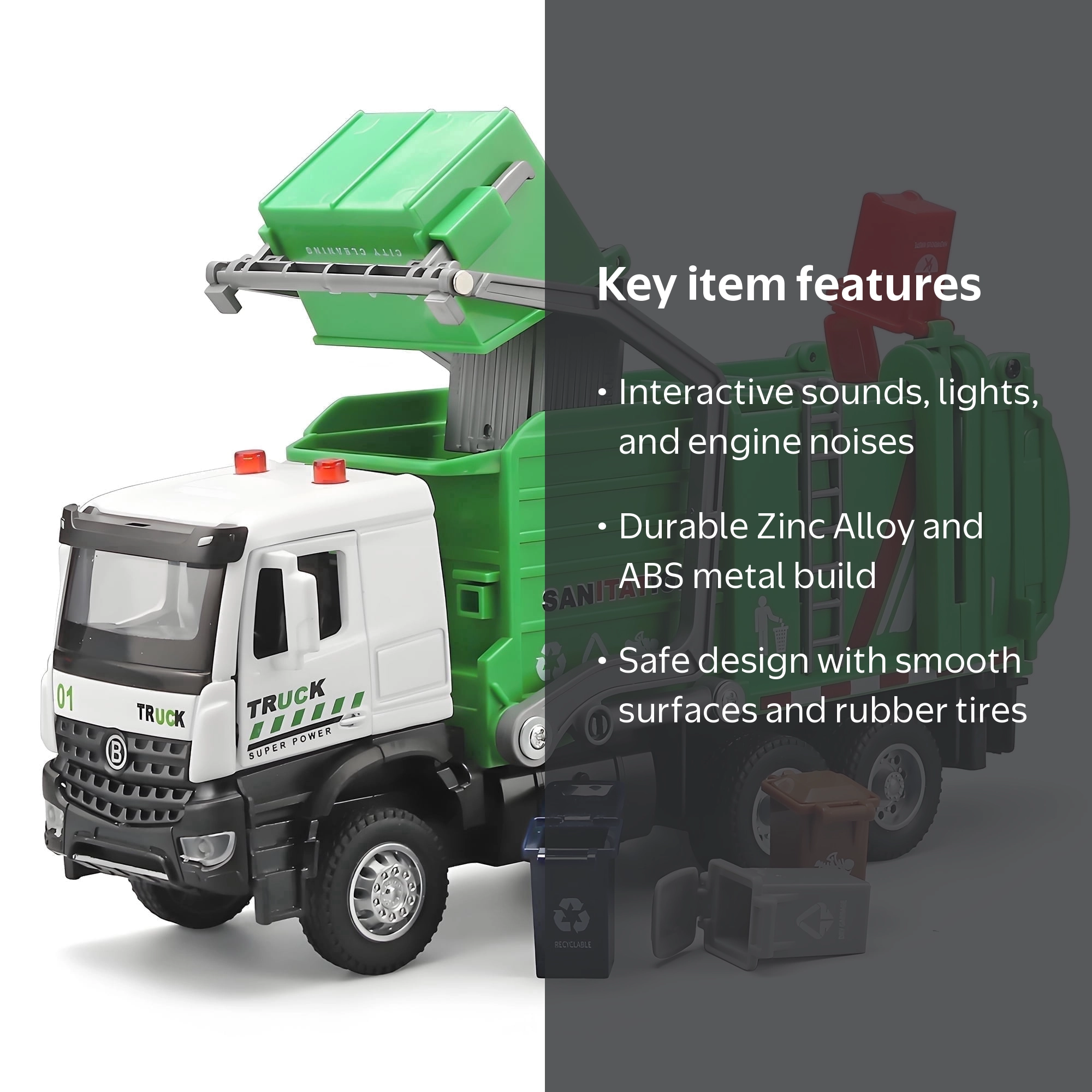 Anmyjuly Garbage Truck Toy for Kids, Pull Back with Lights and