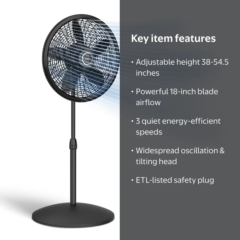 Lasko Adjustable Large Room Standup Pedestal Fan, 3-Speed