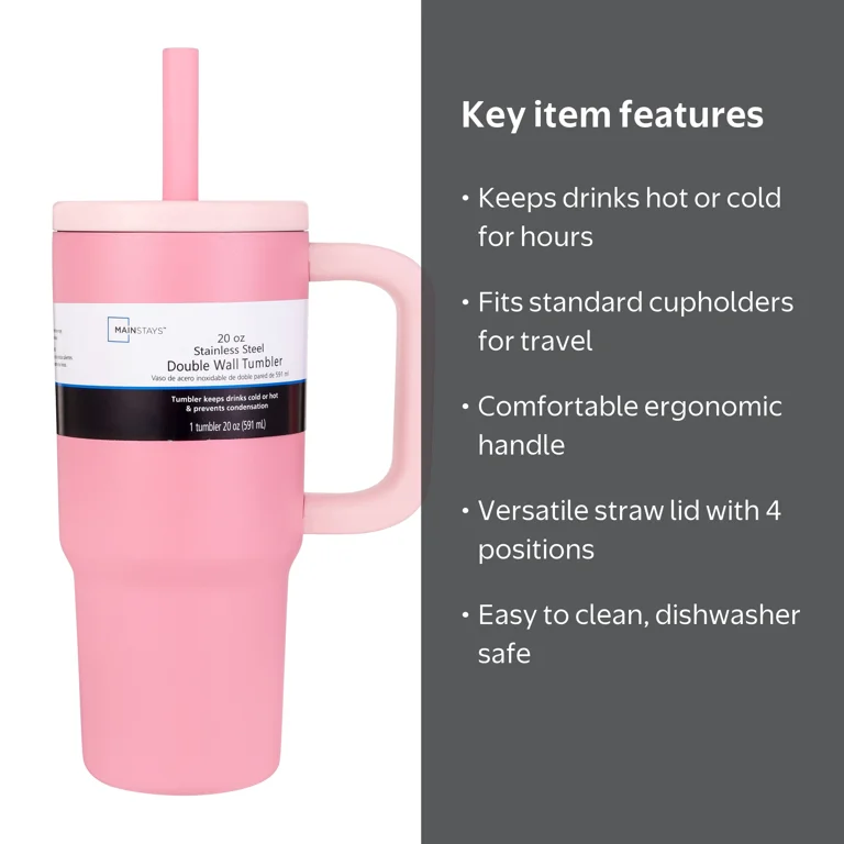 Mainstays 20 oz Double Wall Stainless Steel Tumbler Pink with