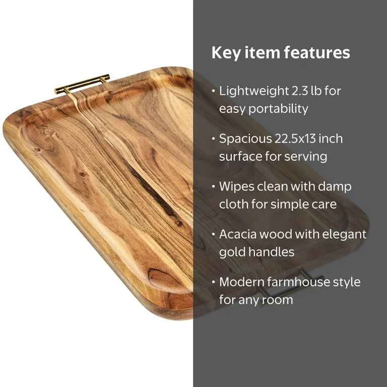 Better Homes & Gardens Acacia Wood Tray with Gold Handles
