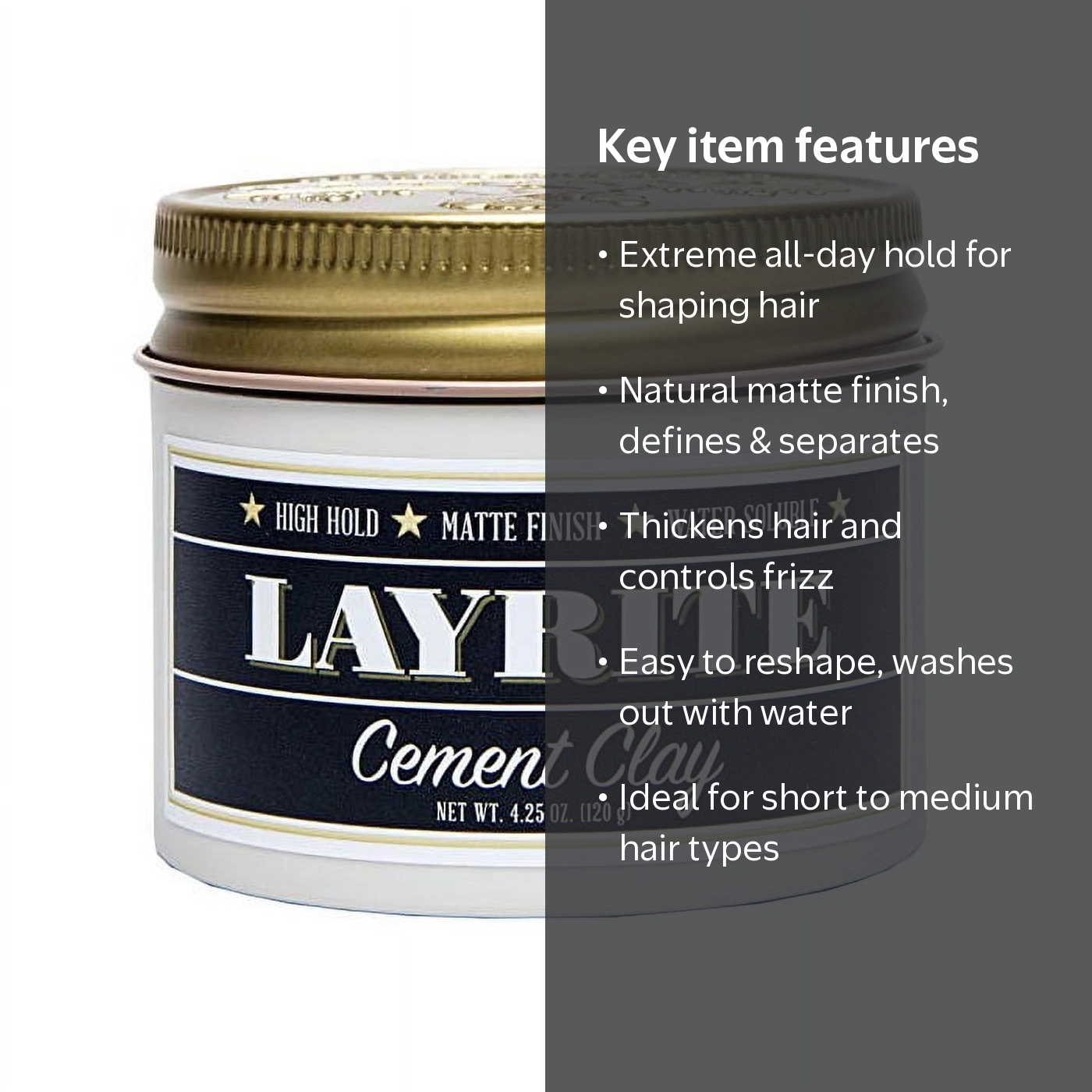 Layrite, Cement Clay, 4.25 oz, Matte Finish, Water-Based Styling