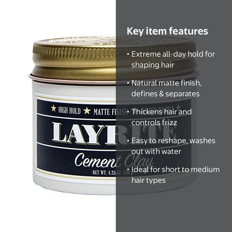 Layrite, Cement Clay, 4.25 oz, Matte Finish, Water-Based Styling