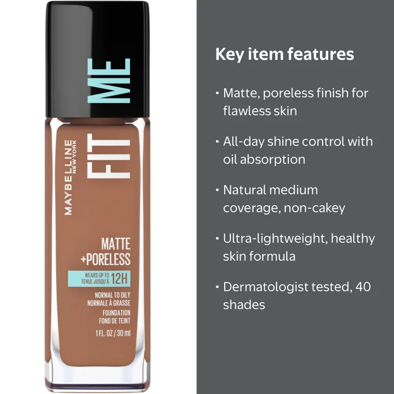 Maybelline, Foundation, Fit Me Matte + Poreless Liquid, Latte, 1