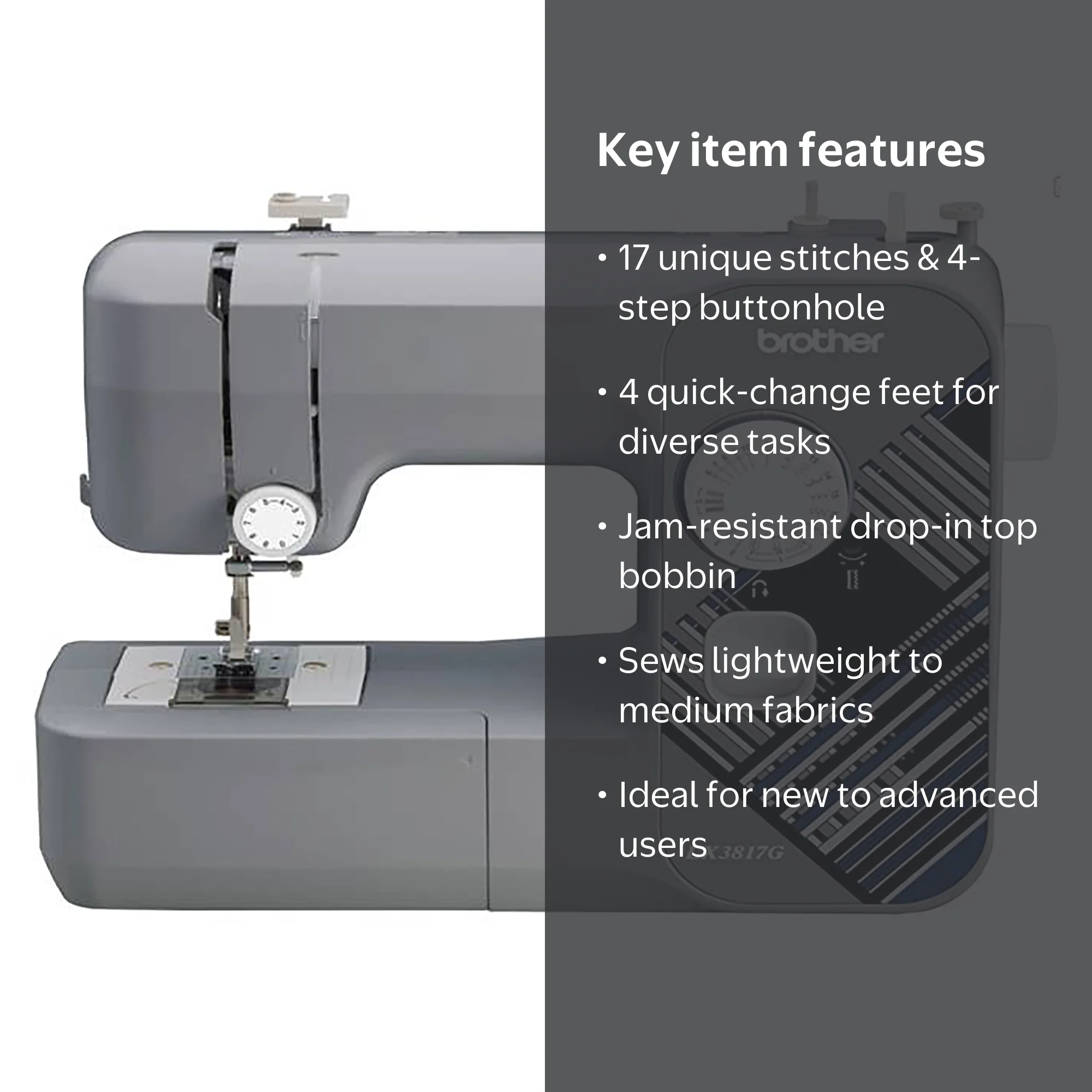 Brother LX3817G 17-Stitch Portable Full-Size Sewing Machine, Grey