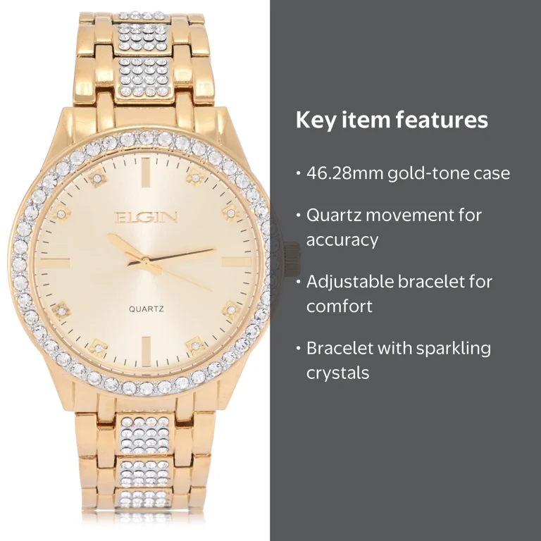 Elgin Adult Men's Gold Round Case Watch with Crystal Bzel and