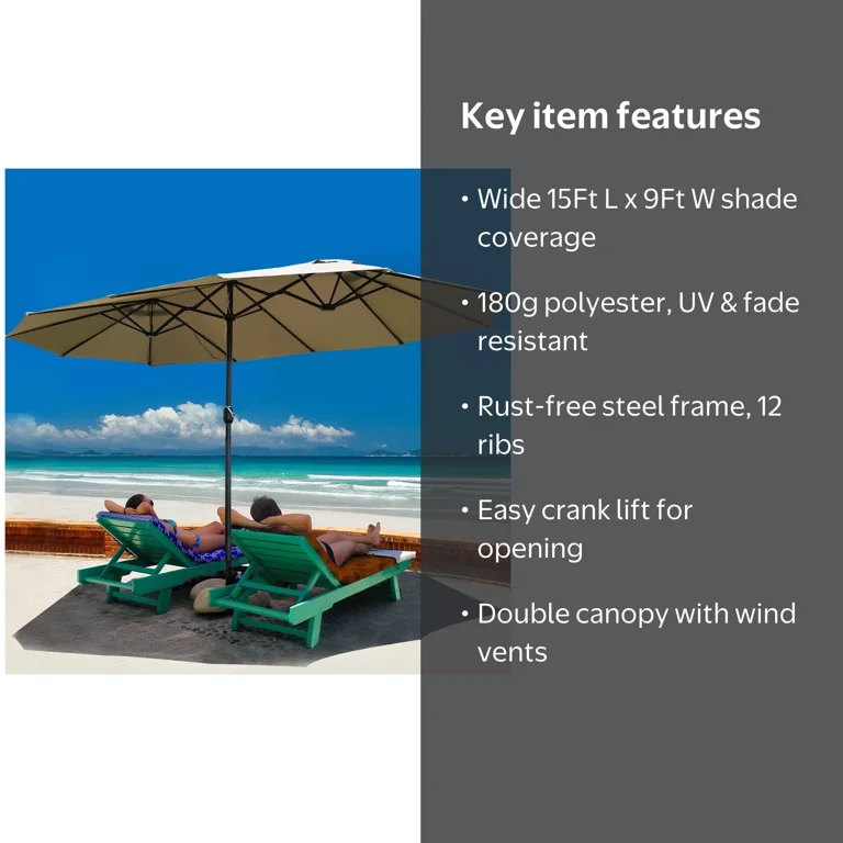 15 twin patio umbrella canopy PHI VILLA 15FT with Base, Large Double-Sided Outdoor Market Umbrella with Crank Lift, UV-Resistant for Poolside, Garden, Deck, Backyard, Khaki allowing you to enjoy comfortable outdoor lighting in the evening without the need for electricity 15ft Solar LED Double Patio