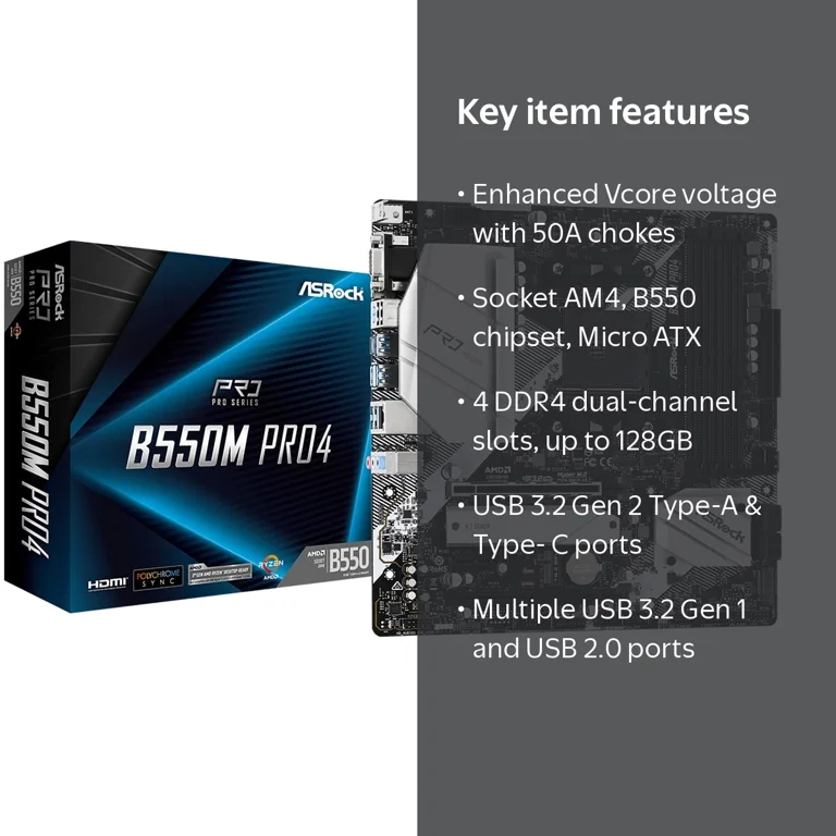 Asrock AMD B550M Pro4 Gaming PC Motherboard, Socket AM4, Micro ATX