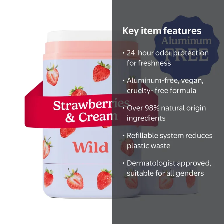 Wild Refillable Deodorant Starter Pack – Aluminum Free. Strawberry