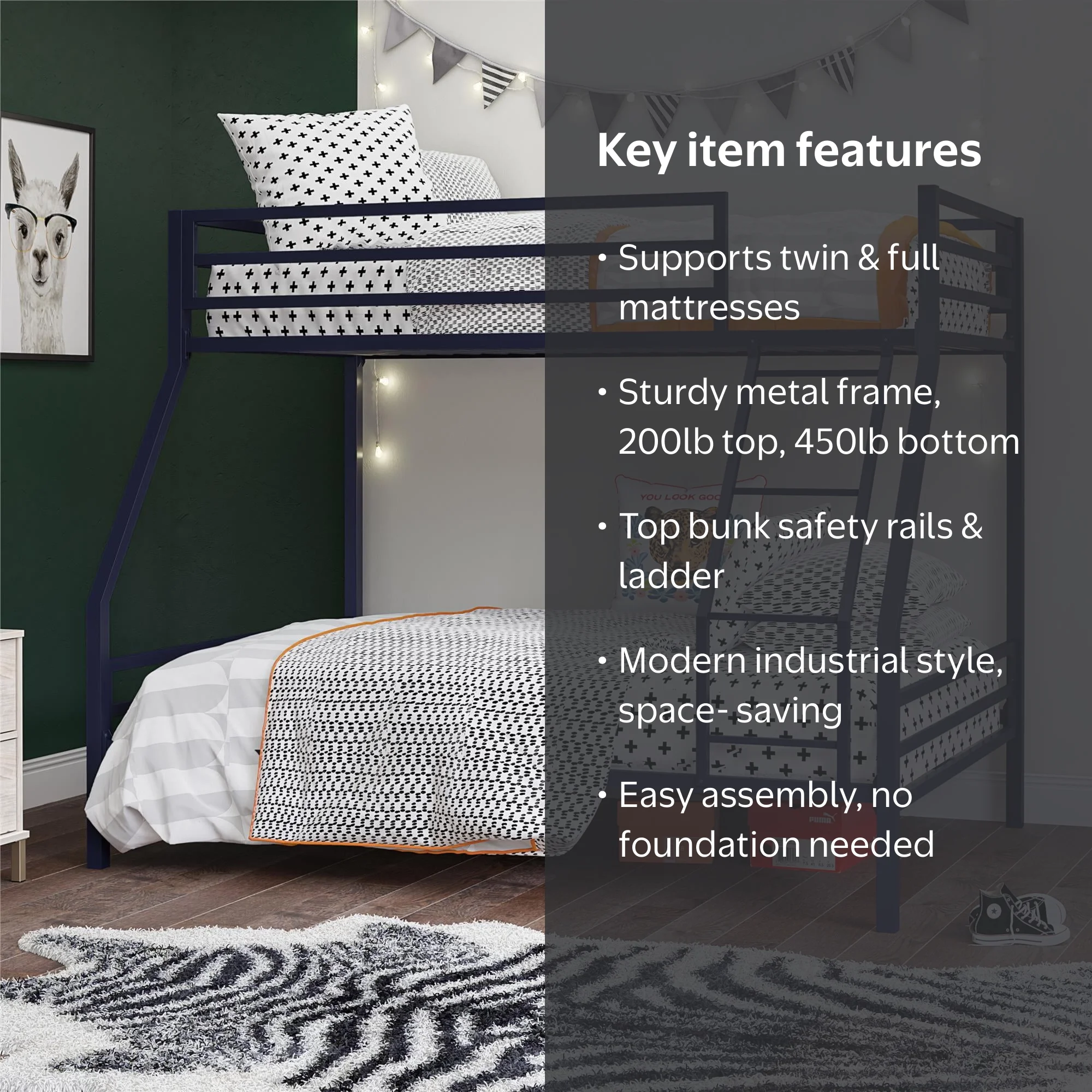Novogratz, Bunk Bed, Twin-Over-Full Metal, Navy Blue - Walmart.com