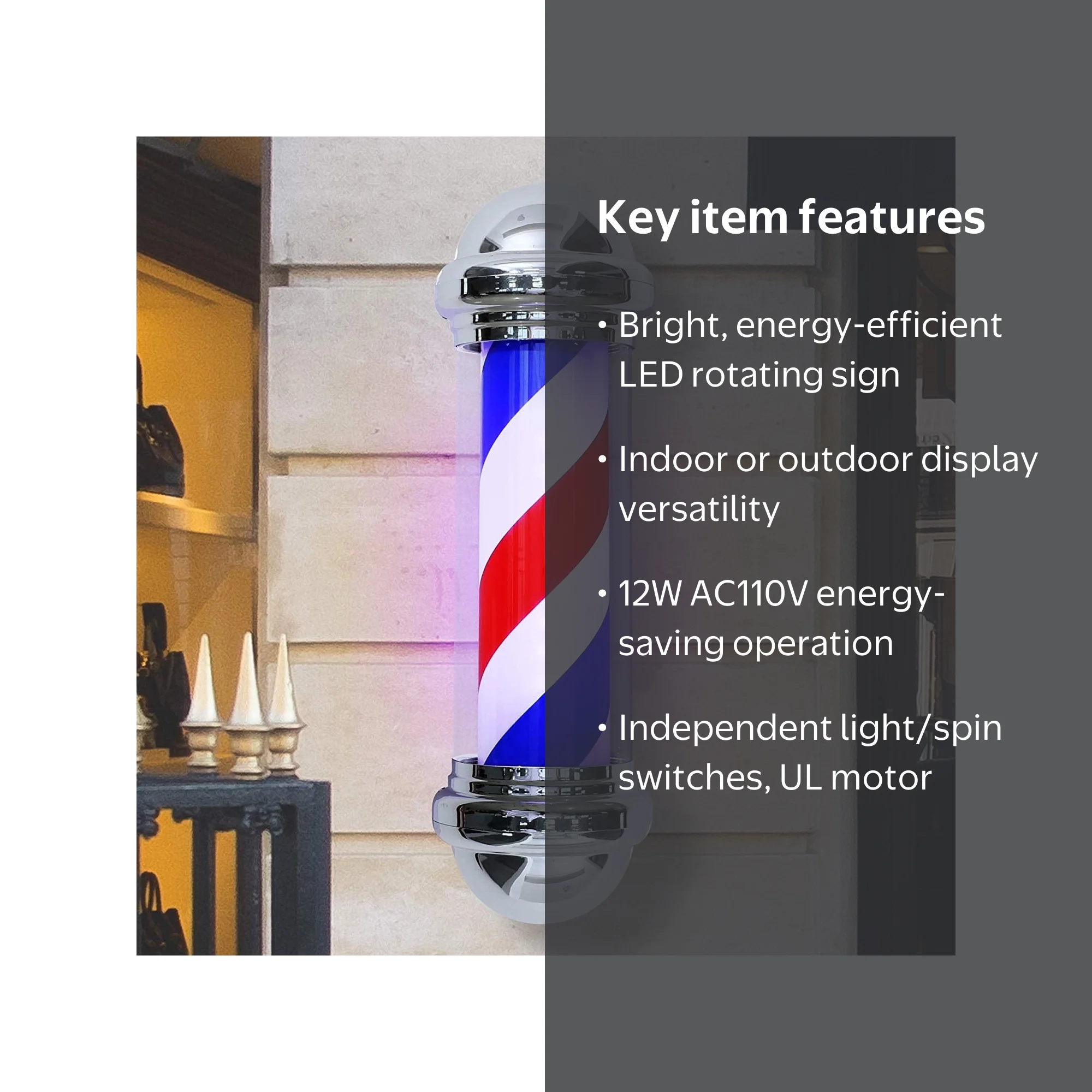 BarberPub, Barber Pole Rotating LED Sign, 30 inches, Blue
