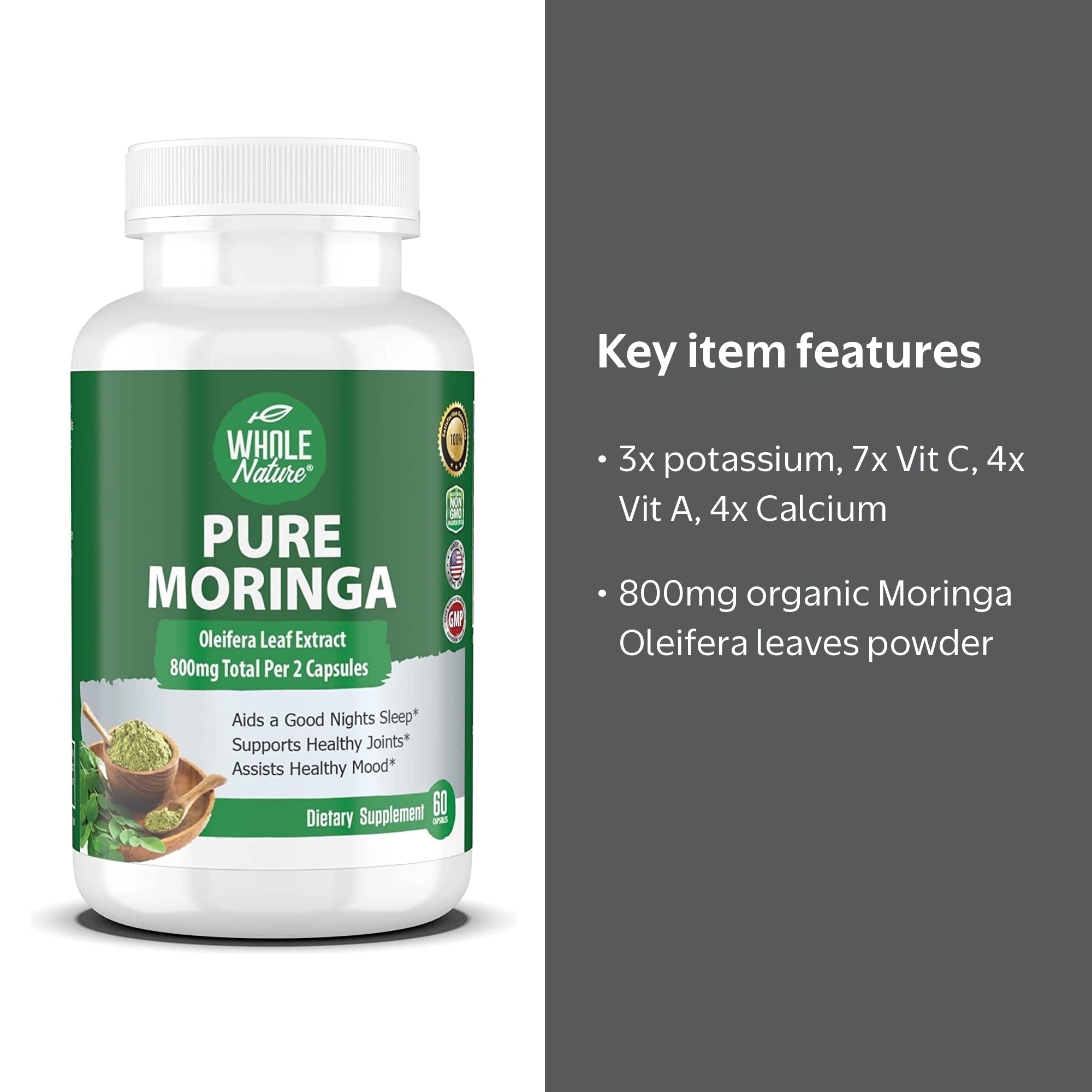 Whole Nature Moringa Capsules, 60 Count Pure Moringa Oleifera Leaves Powder Superfood Greens Immune Support Supplement