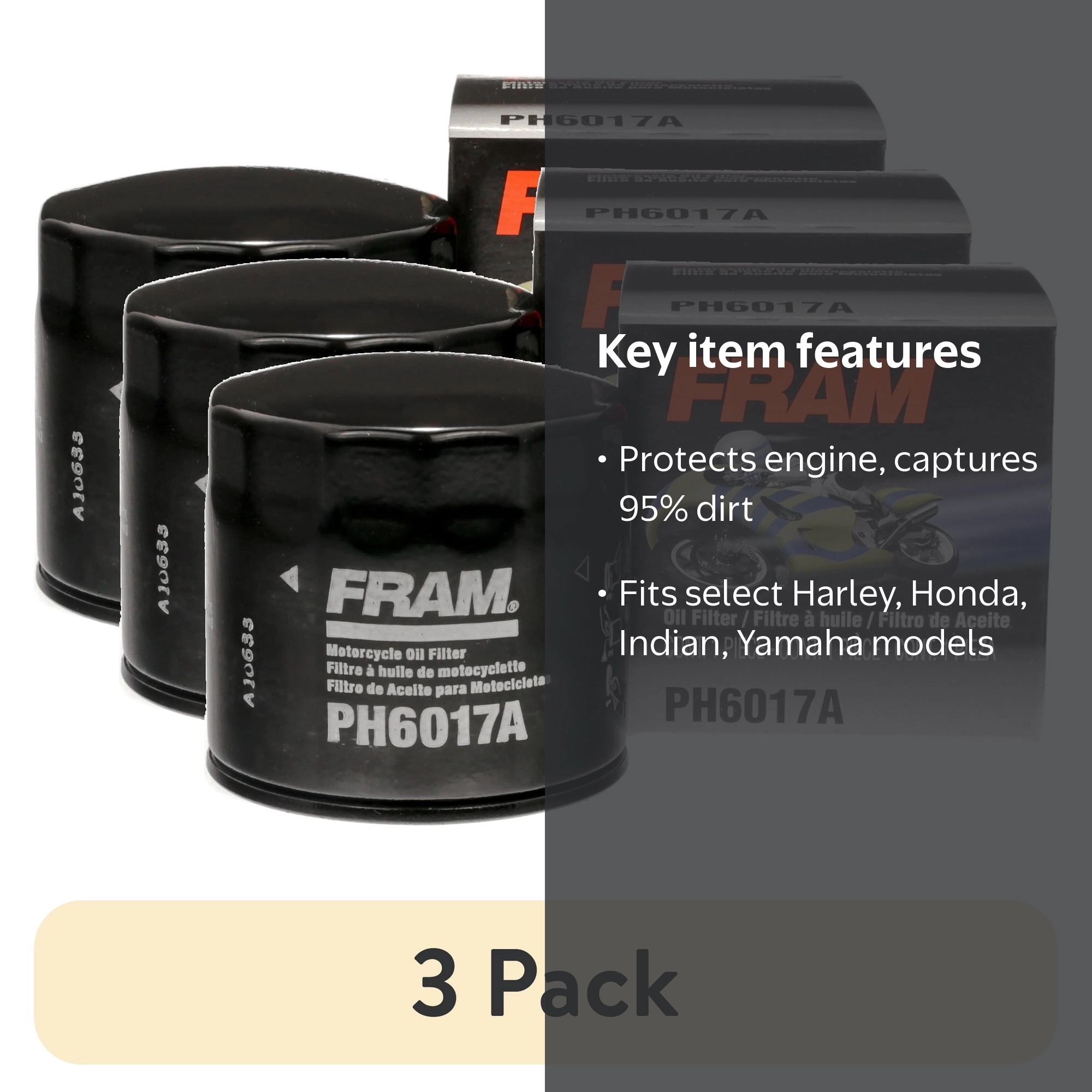 3 pack) FRAM Motorcycle/ATV Oil Filter, PH6017A for Select Harley