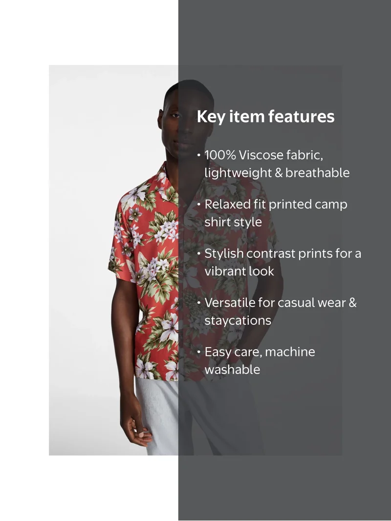 George Men's Relaxed Fit Printed Camp Shirt with Short Sleeves