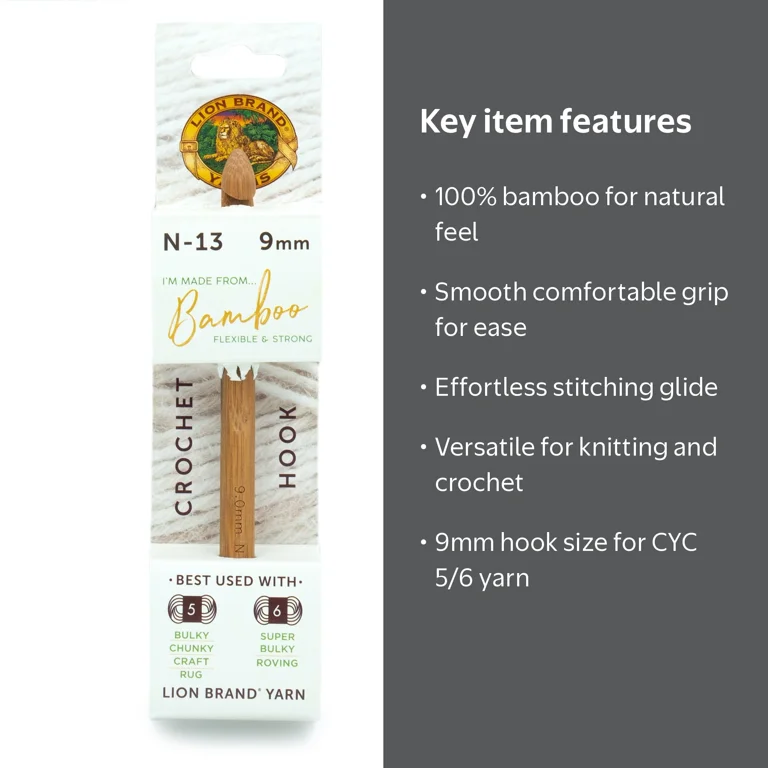 Lion Brand Bamboo Crochet Hooks with Comfortable Grip, 9mm, Size N