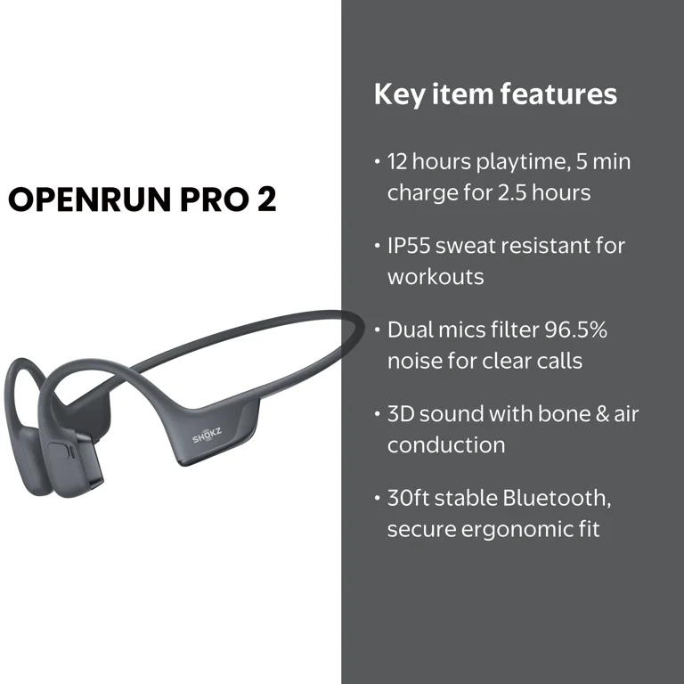 Shokz, OpenRun Pro 2, Bone Conduction Sport Headphones, Black